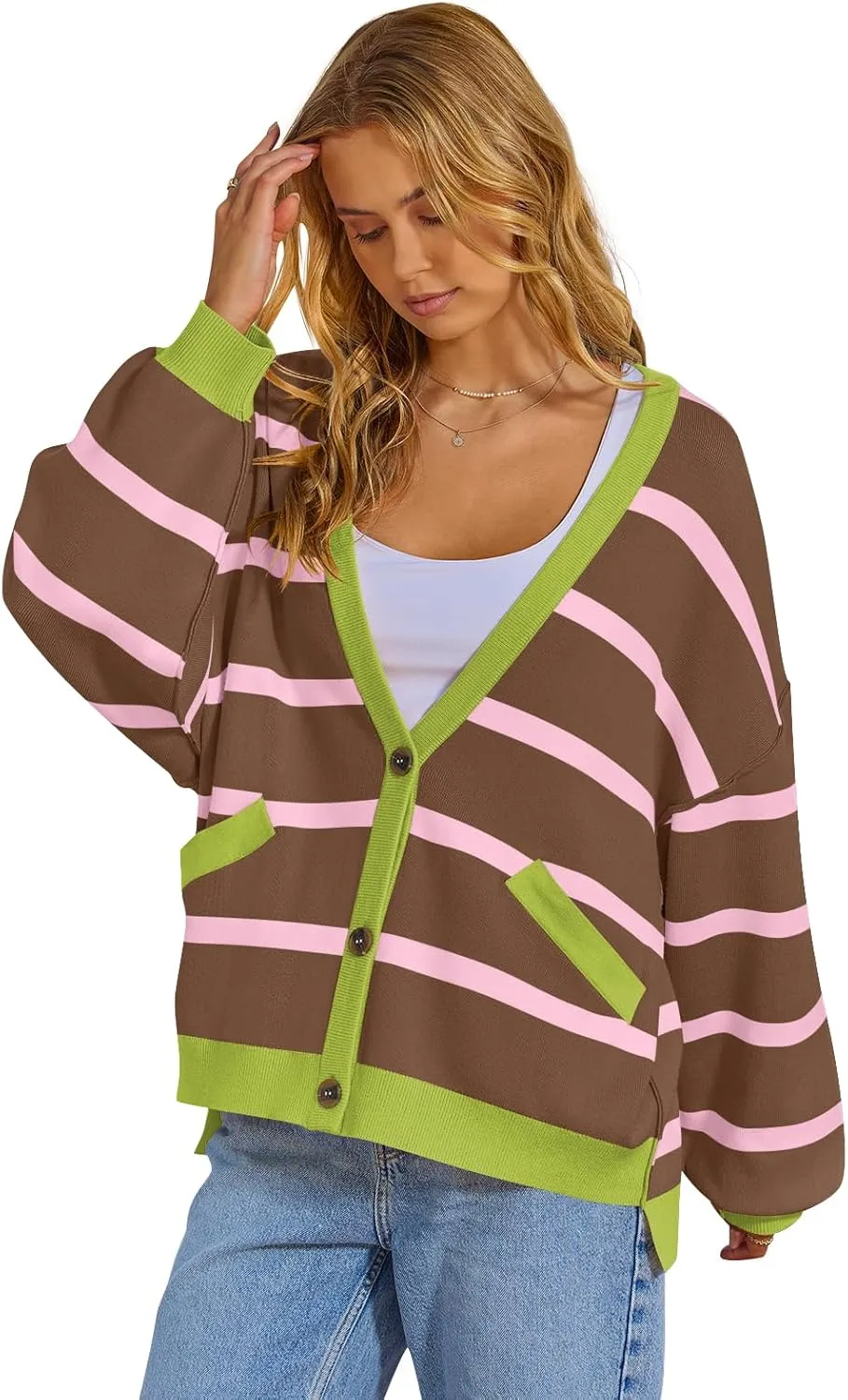 MEROKEETY Women's Long Sleeve Oversized Cardigan Sweaters 2024 Color Block Striped Open Front Knit Outerwear