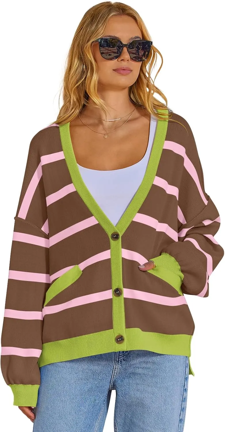 MEROKEETY Women's Long Sleeve Oversized Cardigan Sweaters 2024 Color Block Striped Open Front Knit Outerwear