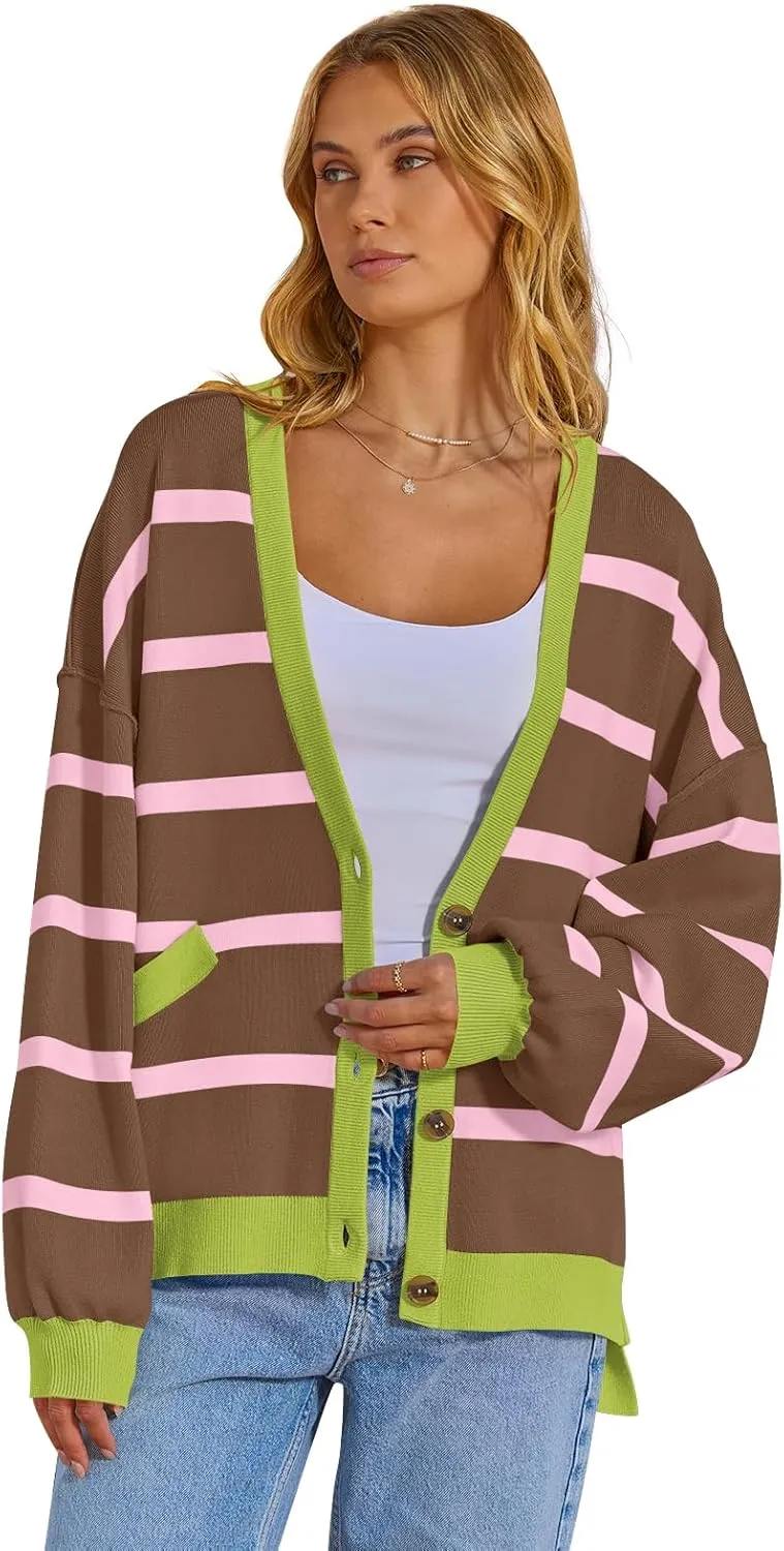 MEROKEETY Women's Long Sleeve Oversized Cardigan Sweaters 2024 Color Block Striped Open Front Knit Outerwear