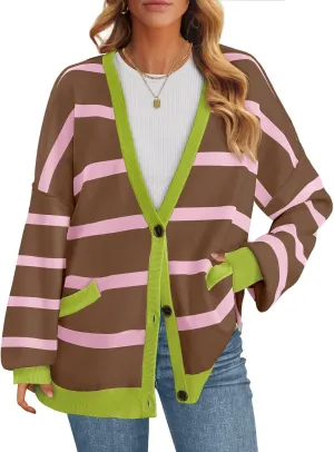 MEROKEETY Women's Long Sleeve Oversized Cardigan Sweaters 2024 Color Block Striped Open Front Knit Outerwear