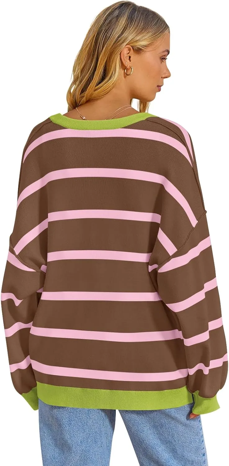 MEROKEETY Women's Long Sleeve Oversized Cardigan Sweaters 2024 Color Block Striped Open Front Knit Outerwear