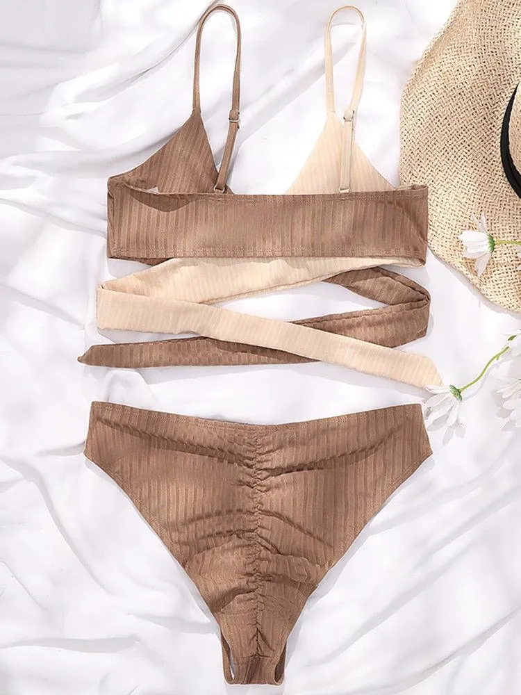 Mid Waist Wrap Brazilian Ribbed Bikini
