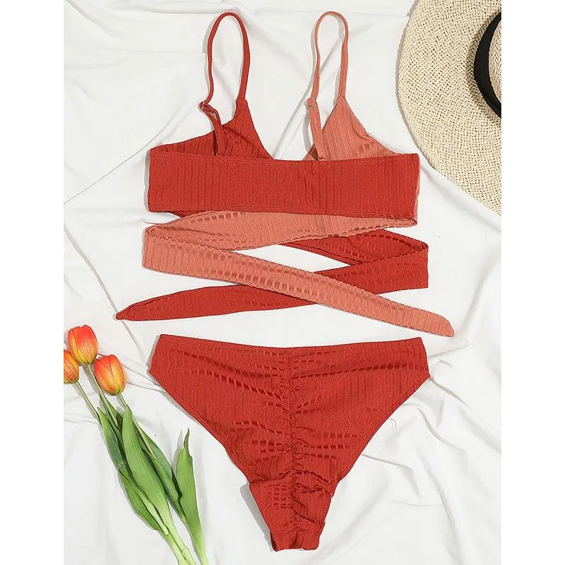 Mid Waist Wrap Brazilian Ribbed Bikini