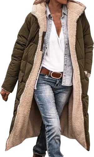Miyaomn Silk Pajamas for Women Womens 2023 Warm Winter Padded Coats Reversible Sherpa Fleece Lined Long Hooded Puffer Jackets Outerwear with Pockets(Army Green,Medium)