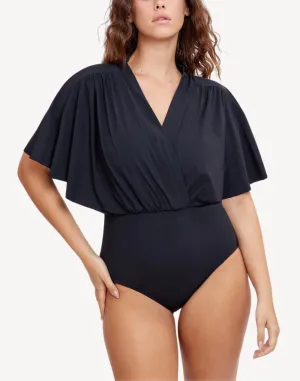 Modest Sleeved Surplice Blouson One Piece Swimsuit