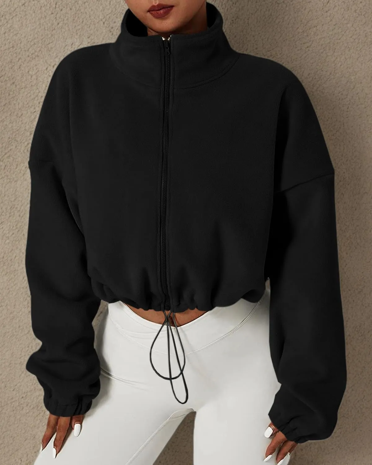 Muchpow Women's Full Zip Fleece Short Jackets Casual Winter Long Sleeve Stand Collar Sherpa Crop Coat