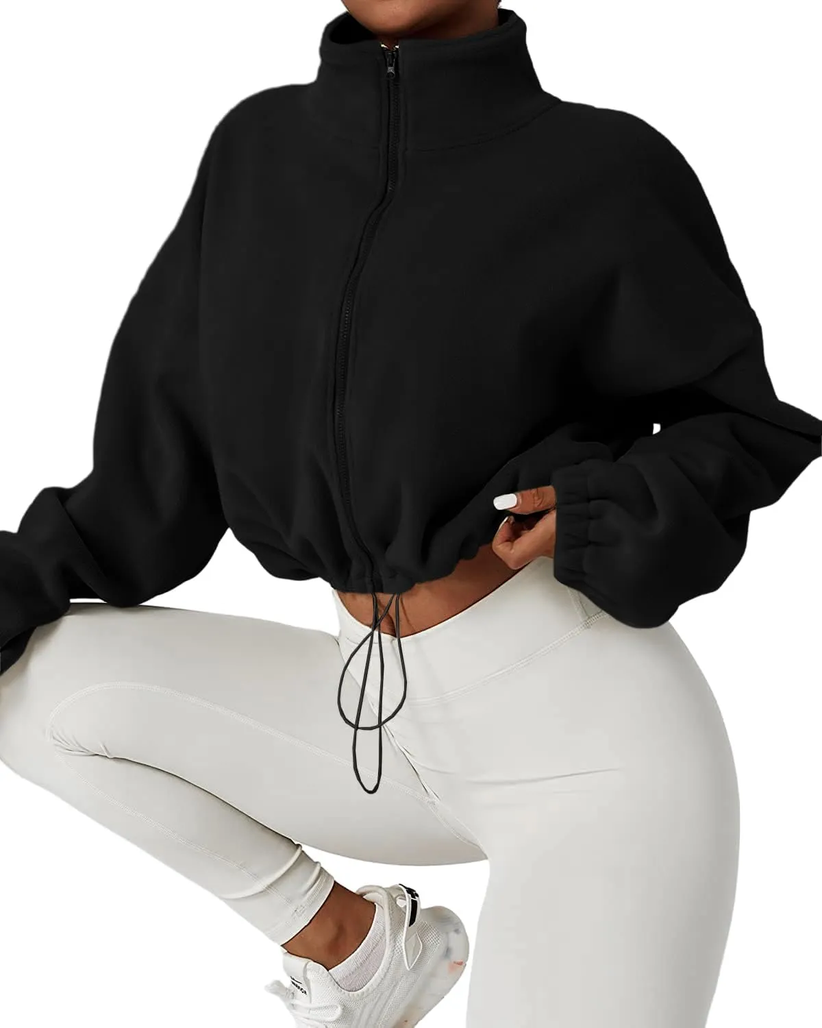 Muchpow Women's Full Zip Fleece Short Jackets Casual Winter Long Sleeve Stand Collar Sherpa Crop Coat