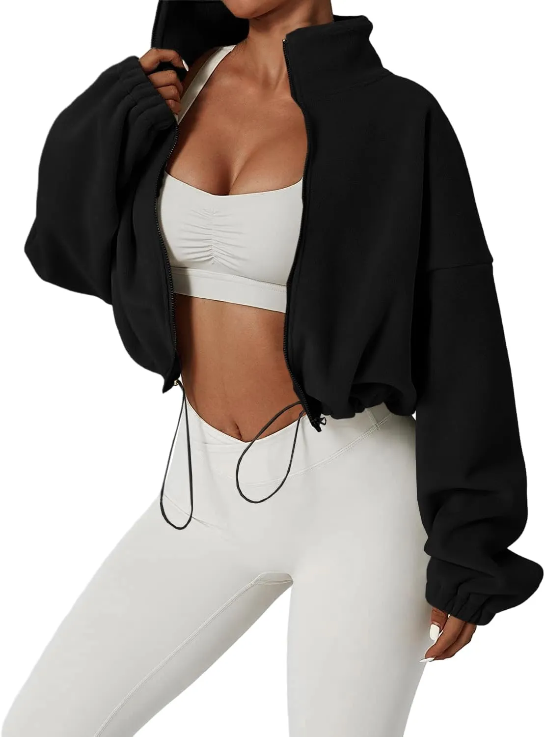 Muchpow Women's Full Zip Fleece Short Jackets Casual Winter Long Sleeve Stand Collar Sherpa Crop Coat