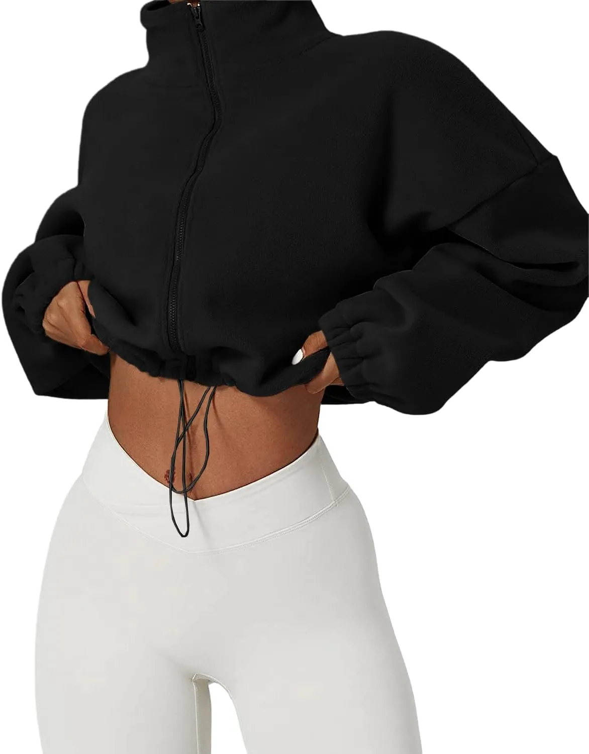 Muchpow Women's Full Zip Fleece Short Jackets Casual Winter Long Sleeve Stand Collar Sherpa Crop Coat