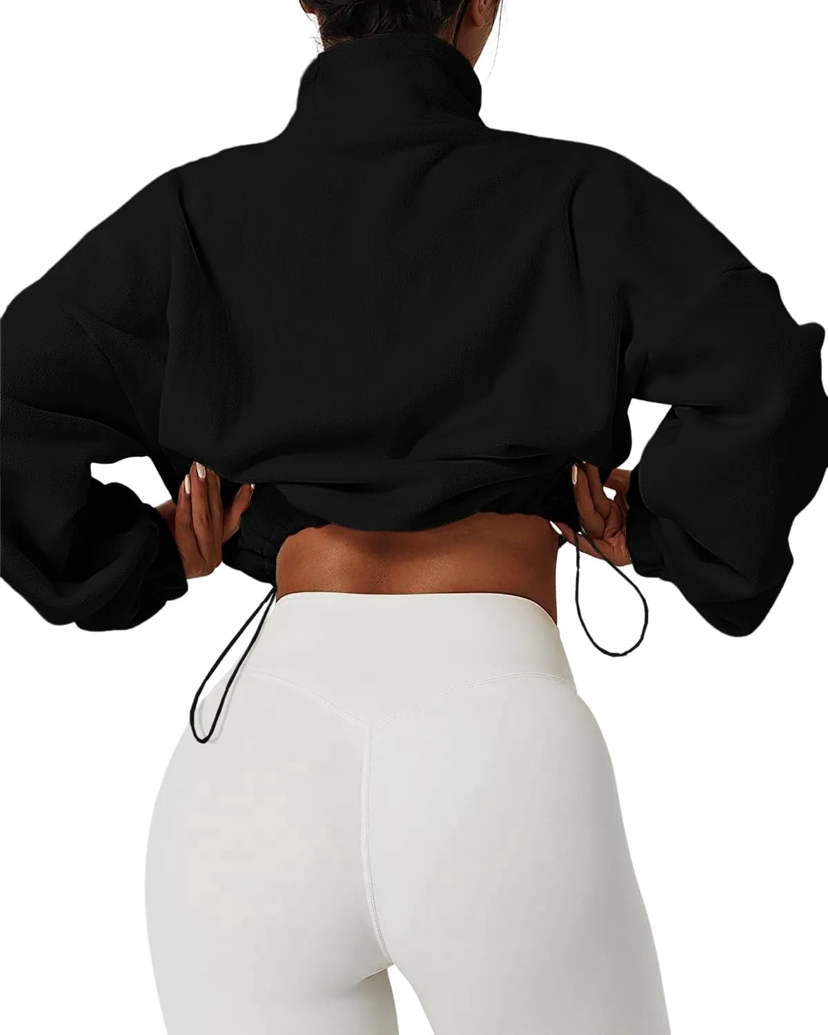 Muchpow Women's Full Zip Fleece Short Jackets Casual Winter Long Sleeve Stand Collar Sherpa Crop Coat