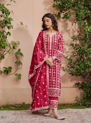 Mulmul Cotton Purvayi Red Kurta with Pant & Dupatta
