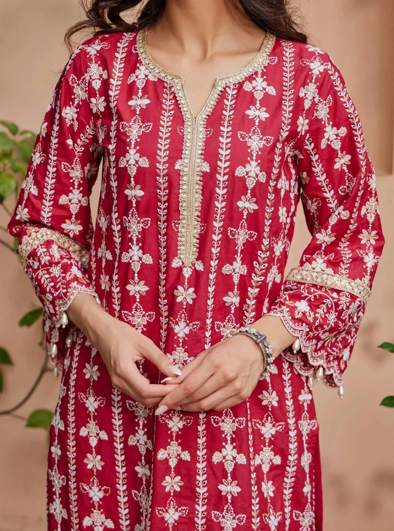 Mulmul Cotton Purvayi Red Kurta with Pant & Dupatta