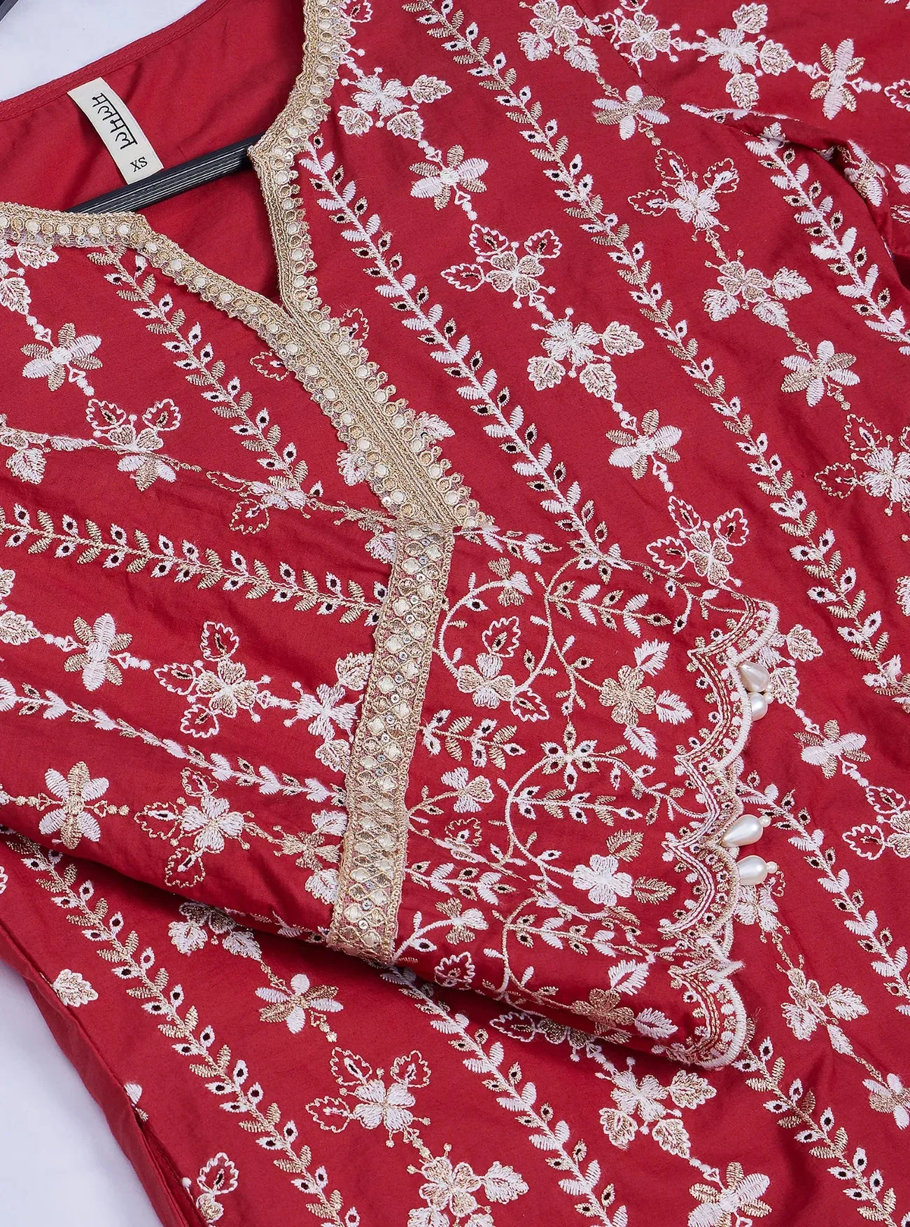 Mulmul Cotton Purvayi Red Kurta with Pant & Dupatta