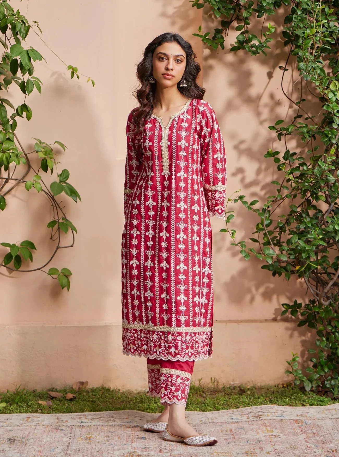 Mulmul Cotton Purvayi Red Kurta with Pant & Dupatta