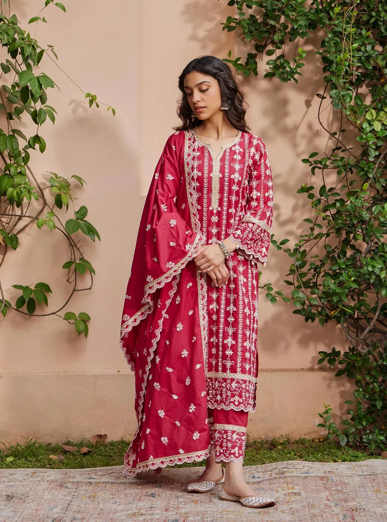 Mulmul Cotton Purvayi Red Kurta with Pant & Dupatta