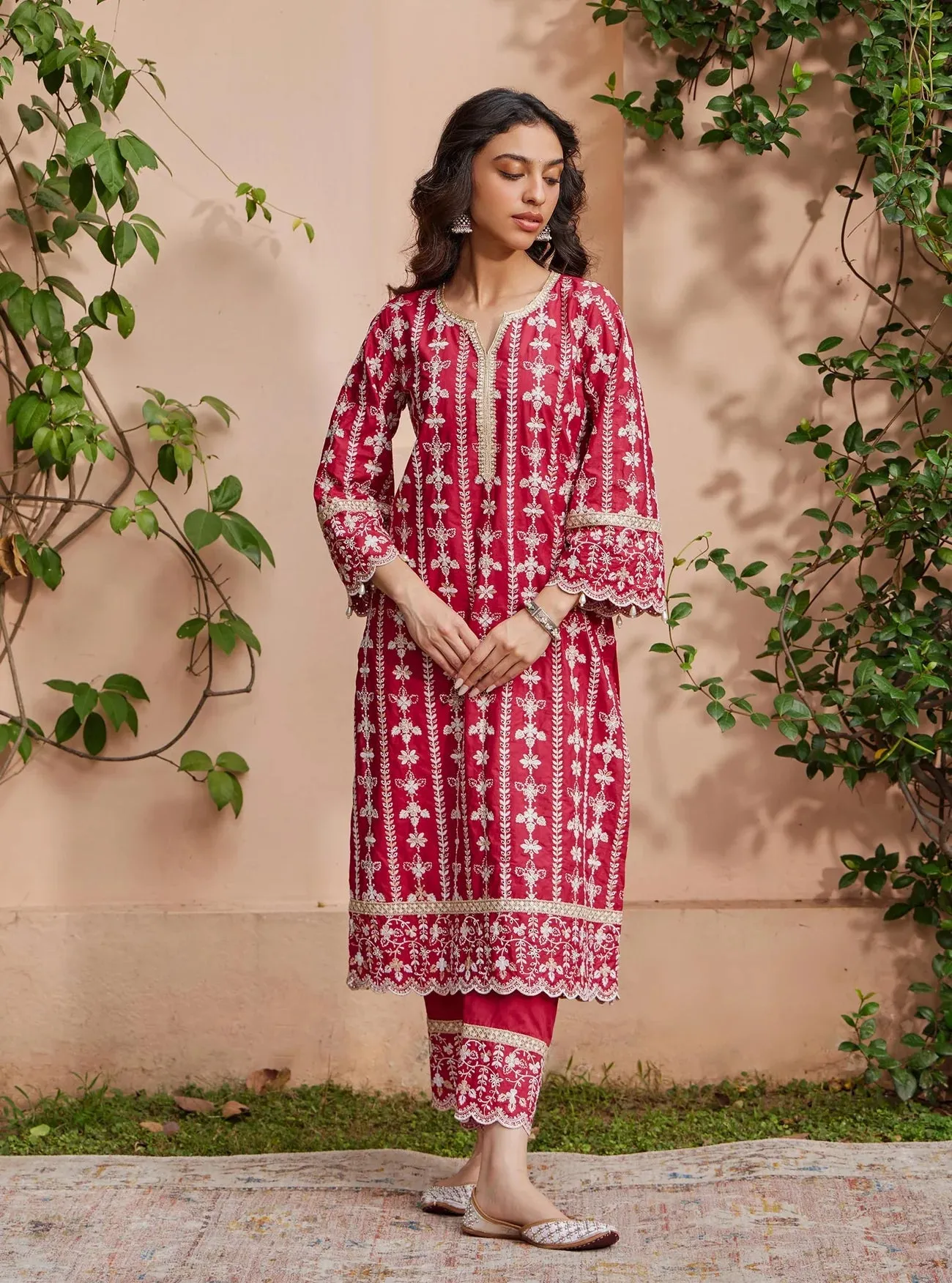 Mulmul Cotton Purvayi Red Kurta with Pant & Dupatta