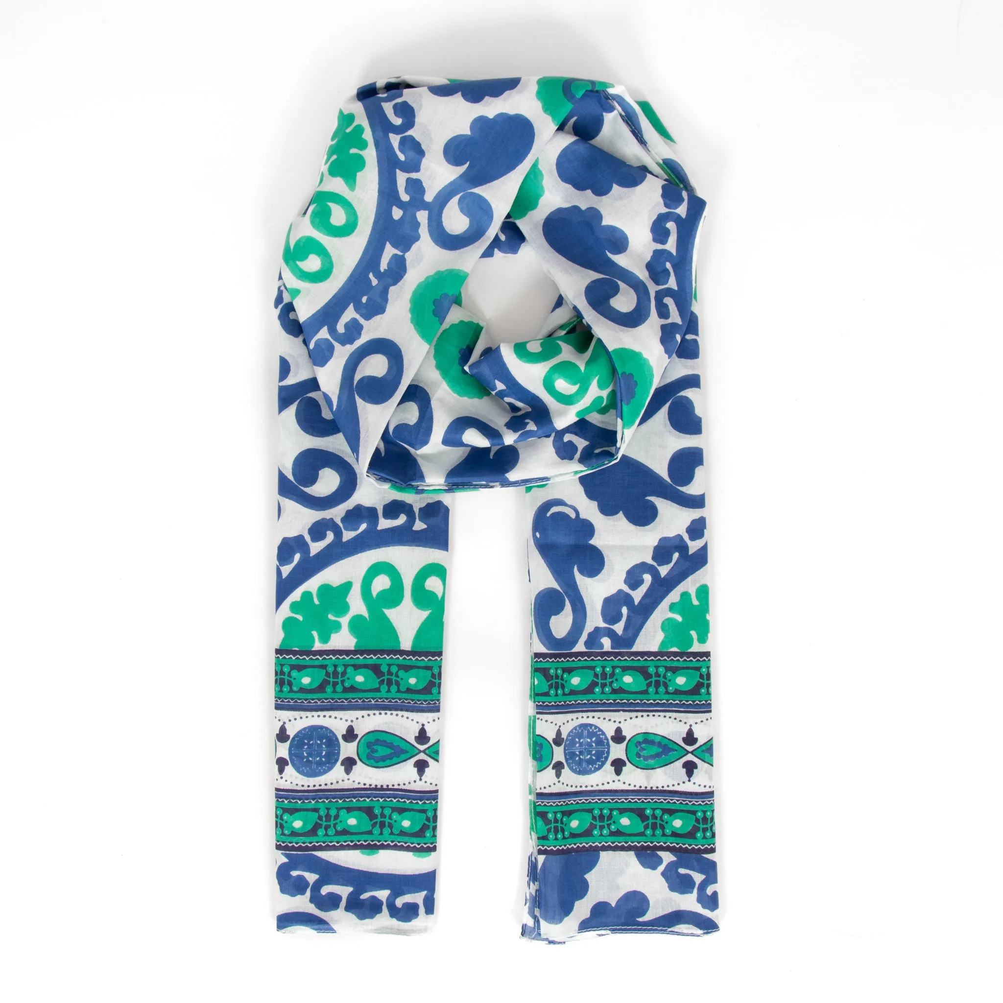 Nala Lightweight Cotton Scarf - Navy Blue/Green, Mosaic