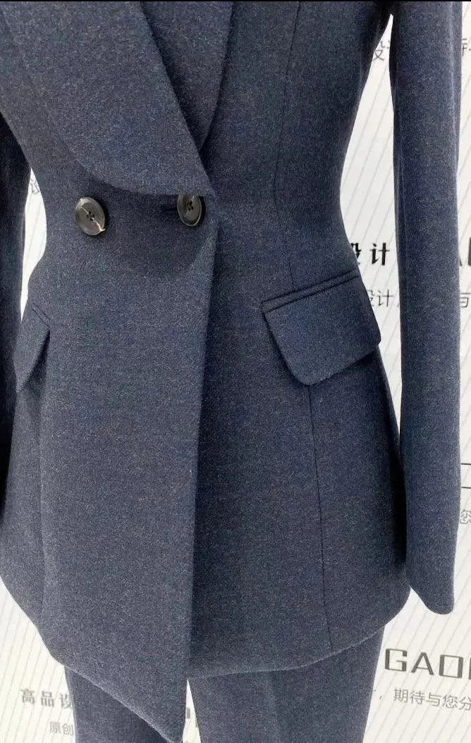 Navy Blue Double-Breasted Pant Suit - Woolen Trouser suit