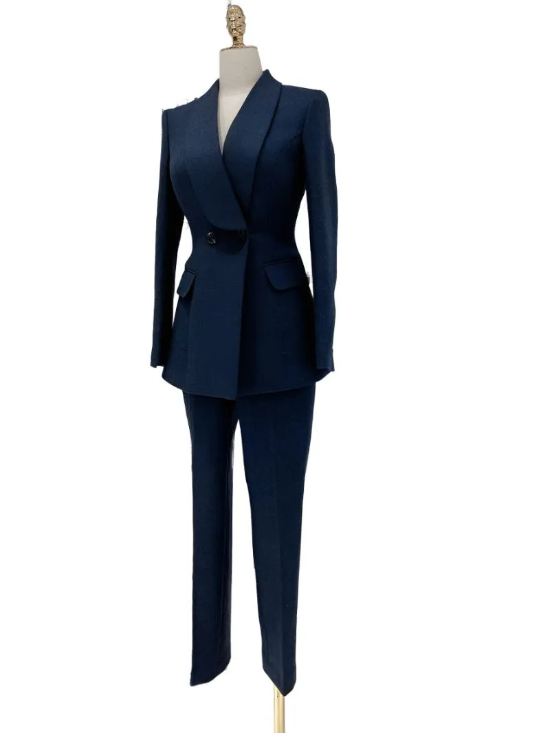 Navy Blue Double-Breasted Pant Suit - Woolen Trouser suit