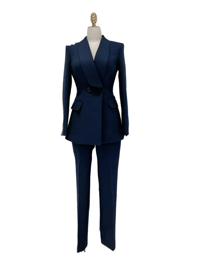 Navy Blue Double-Breasted Pant Suit - Woolen Trouser suit