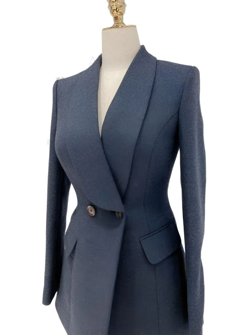 Navy Blue Double-Breasted Pant Suit - Woolen Trouser suit