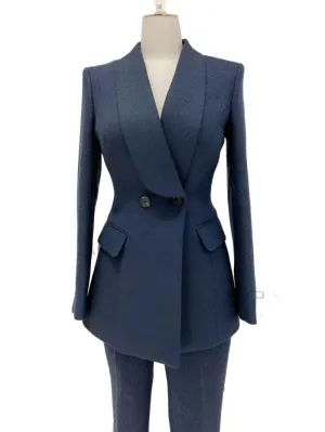 Navy Blue Double-Breasted Pant Suit - Woolen Trouser suit