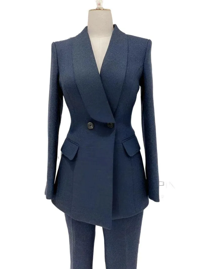 Navy Blue Double-Breasted Pant Suit - Woolen Trouser suit