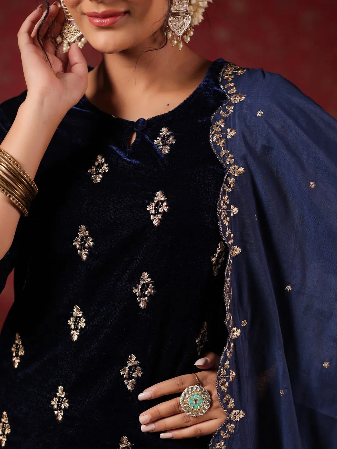 Navy Blue Velvet Zari Embroidered Kurta Set with Sheer Scalloped Lace Dupatta
