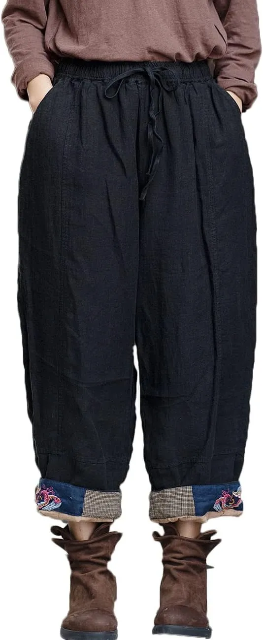 NFYM Women's Casual Cropped Pants Winter Quilted Wide Leg Elastic Waist Embroidered Harem Trousers with Pockets