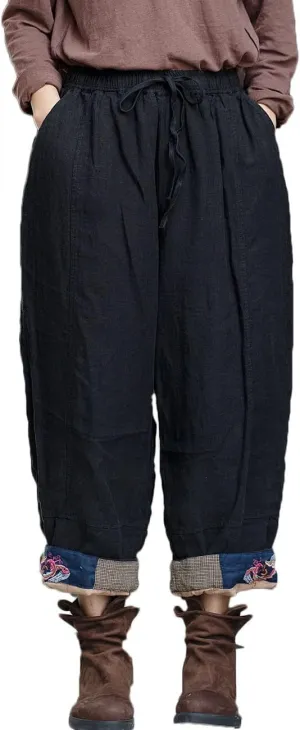 NFYM Women's Casual Cropped Pants Winter Quilted Wide Leg Elastic Waist Embroidered Harem Trousers with Pockets