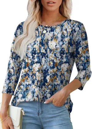 OFEEFAN 3/4 Length Sleeve Womens Tops Dressy Casual Spring Summer Round Neck Loose Fit Casual Eyelet Shirts