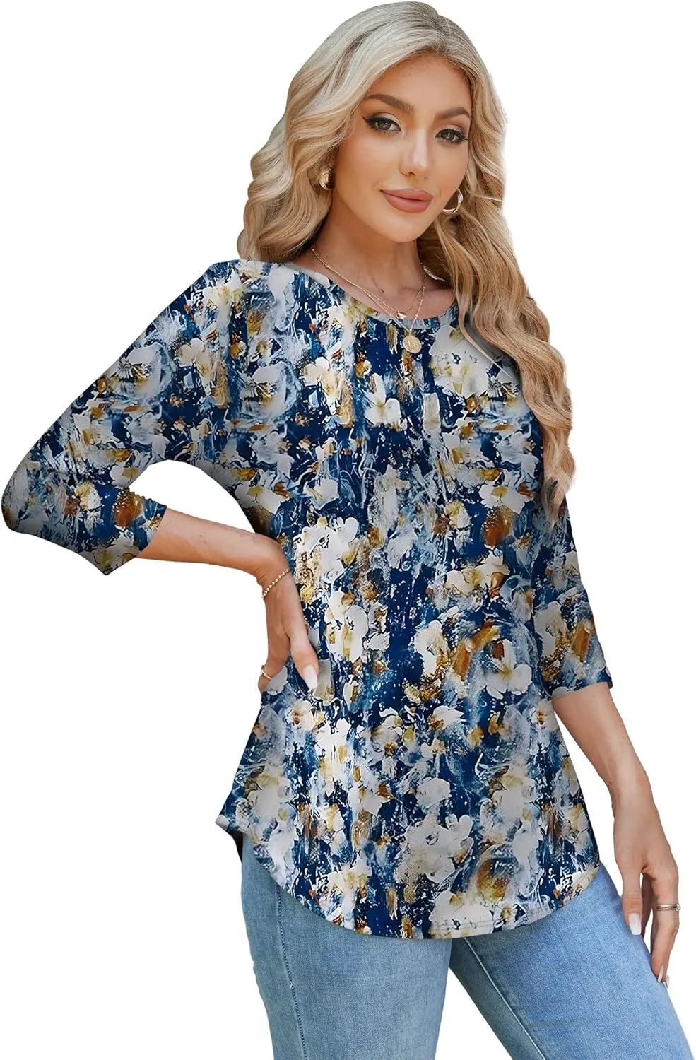 OFEEFAN 3/4 Length Sleeve Womens Tops Dressy Casual Spring Summer Round Neck Loose Fit Casual Eyelet Shirts