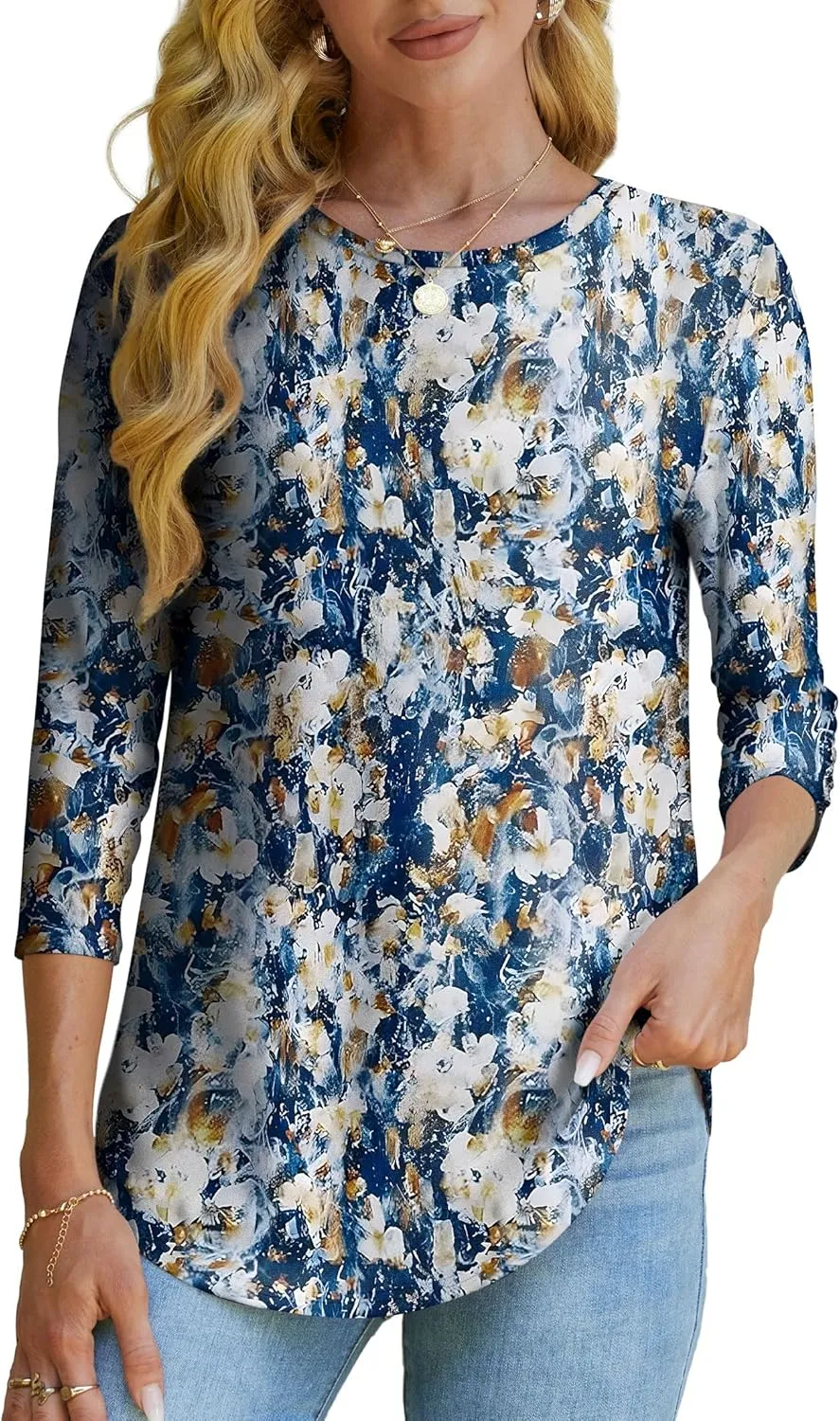 OFEEFAN 3/4 Length Sleeve Womens Tops Dressy Casual Spring Summer Round Neck Loose Fit Casual Eyelet Shirts