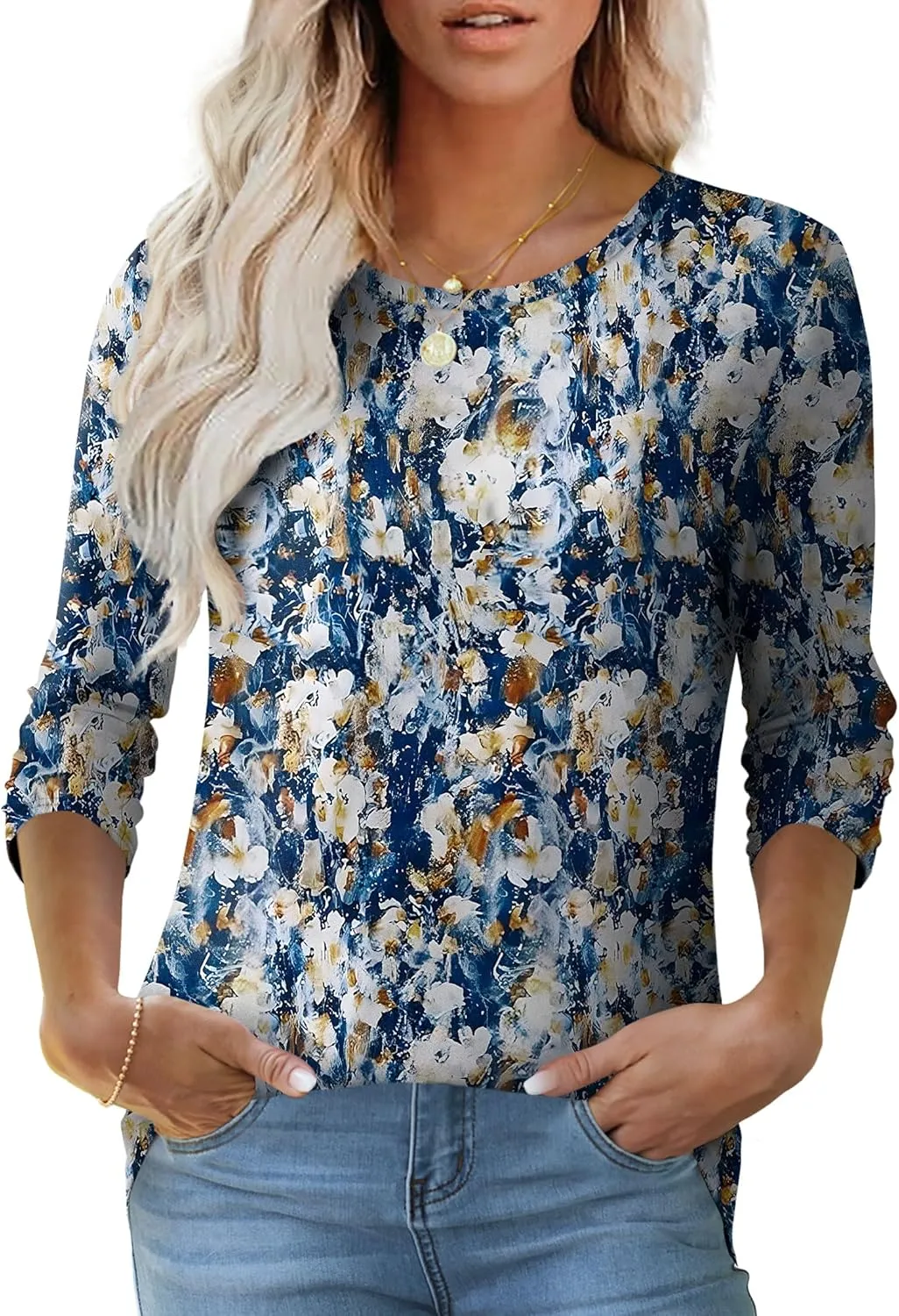 OFEEFAN 3/4 Length Sleeve Womens Tops Dressy Casual Spring Summer Round Neck Loose Fit Casual Eyelet Shirts