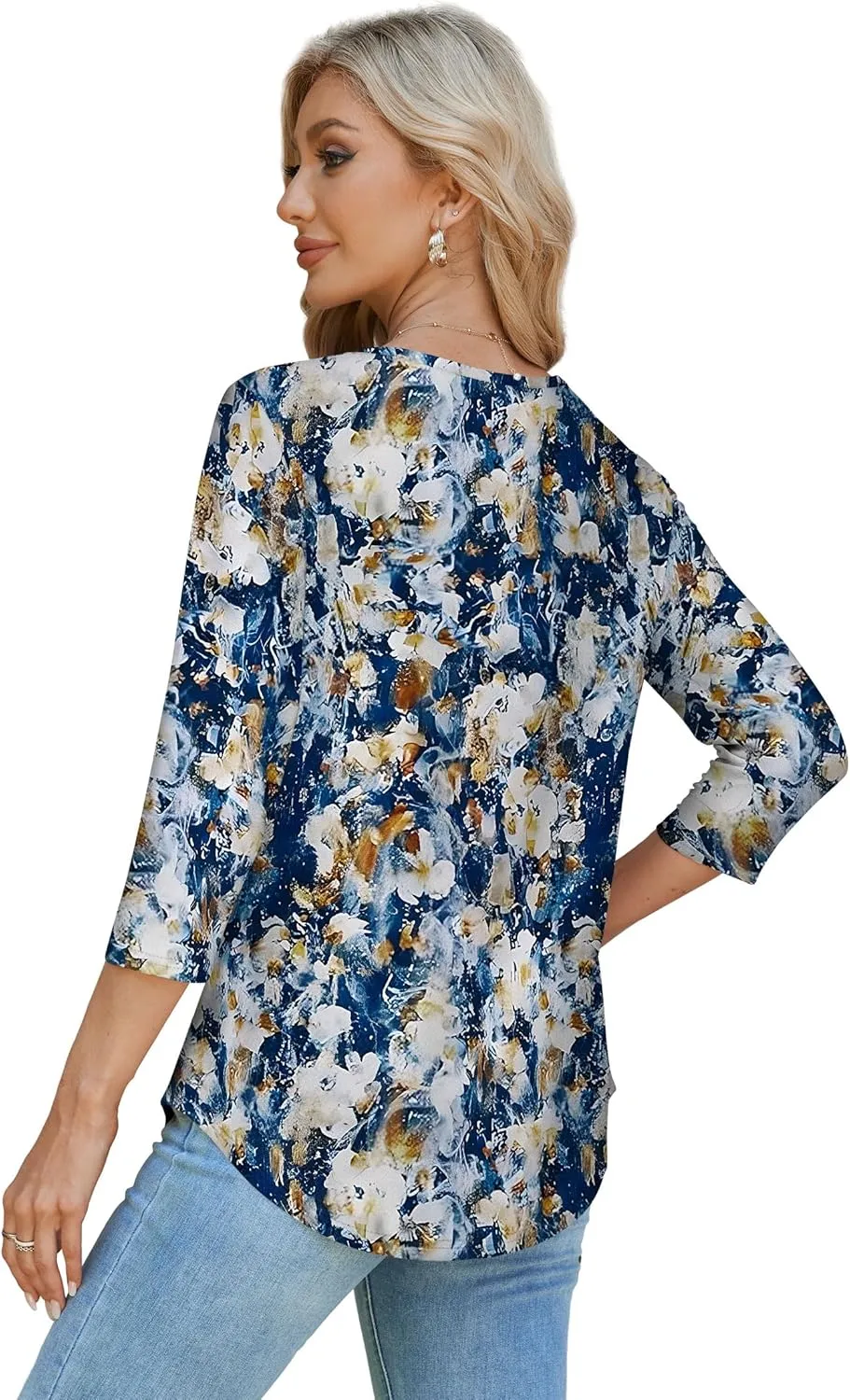OFEEFAN 3/4 Length Sleeve Womens Tops Dressy Casual Spring Summer Round Neck Loose Fit Casual Eyelet Shirts