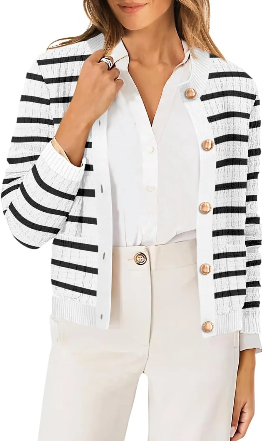 OFEEFAN Womens Cardigan Sweaters Open Front Long Sleeve Button Down Knit Jackets with Pockets 2024 Fall Winter
