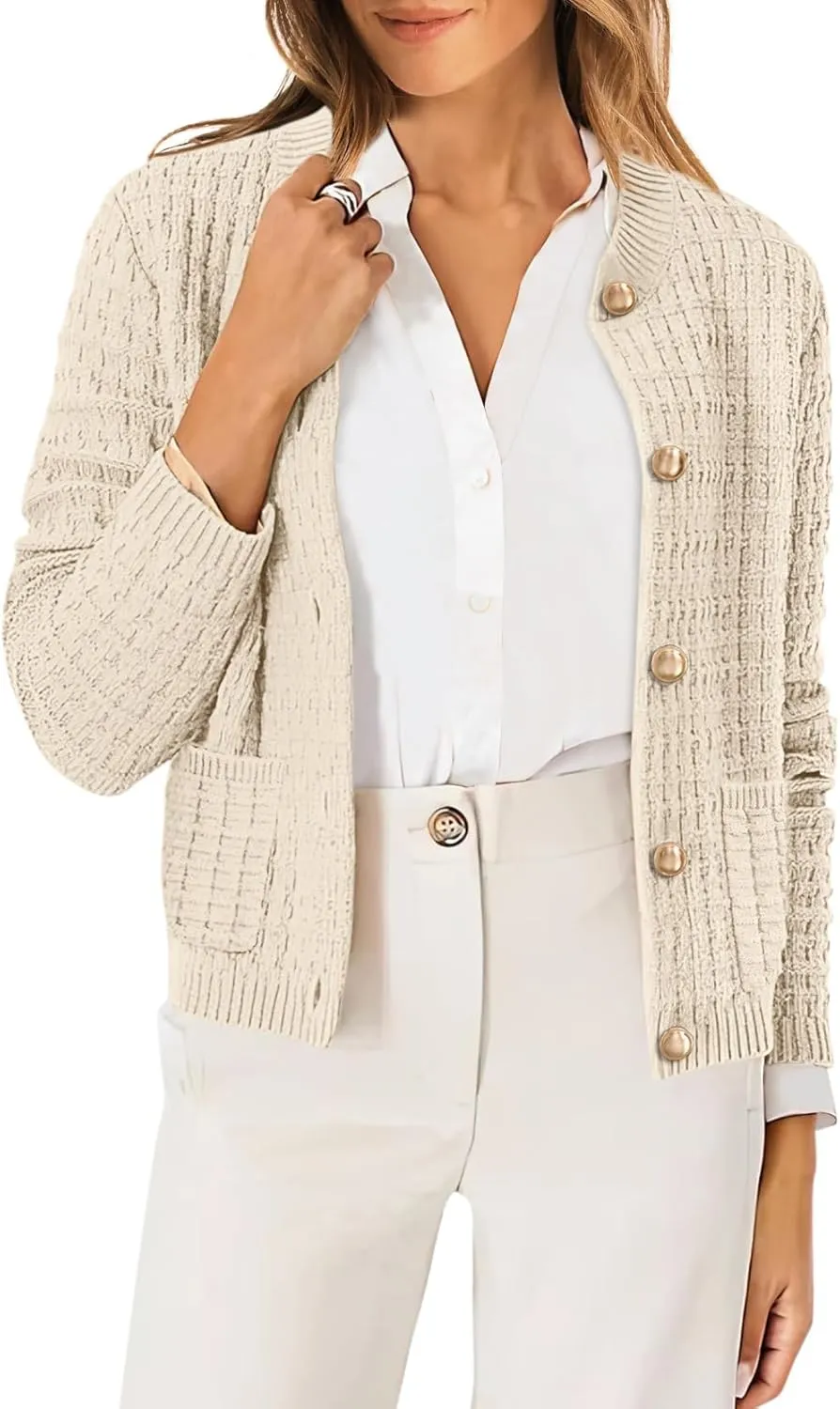 OFEEFAN Womens Cardigan Sweaters Open Front Long Sleeve Button Down Knit Jackets with Pockets 2024 Fall Winter