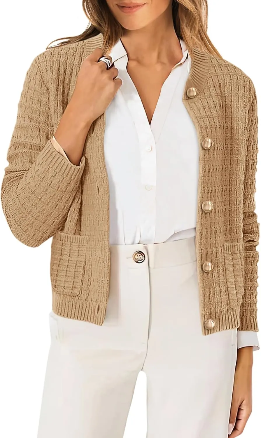 OFEEFAN Womens Cardigan Sweaters Open Front Long Sleeve Button Down Knit Jackets with Pockets 2024 Fall Winter