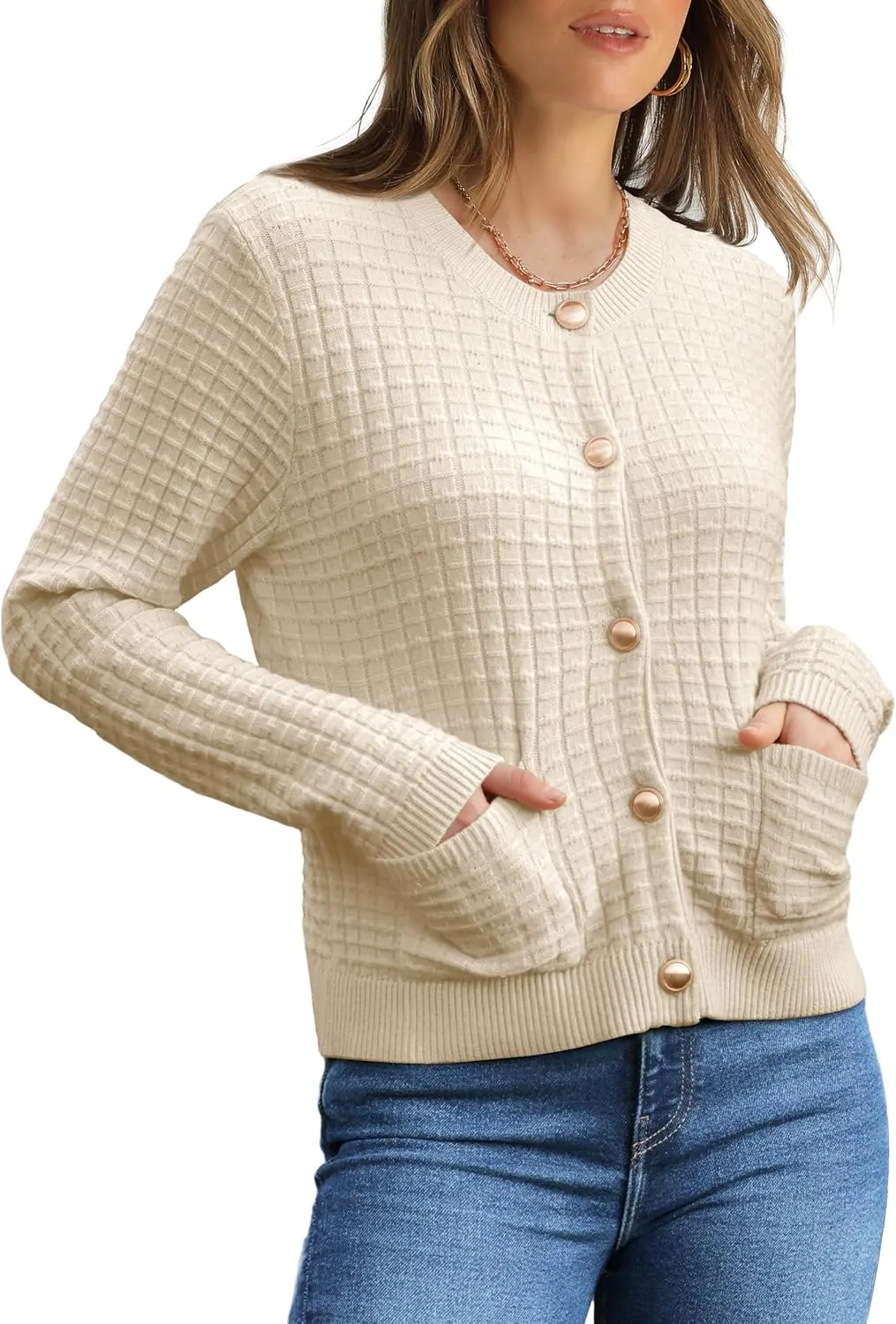 OFEEFAN Womens Cardigan Sweaters Open Front Long Sleeve Button Down Knit Jackets with Pockets 2024 Fall Winter