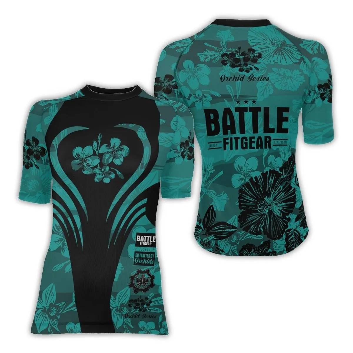 Orchid Series Viking Teal Heart Pattern Women's Short Sleeve Rash Guard