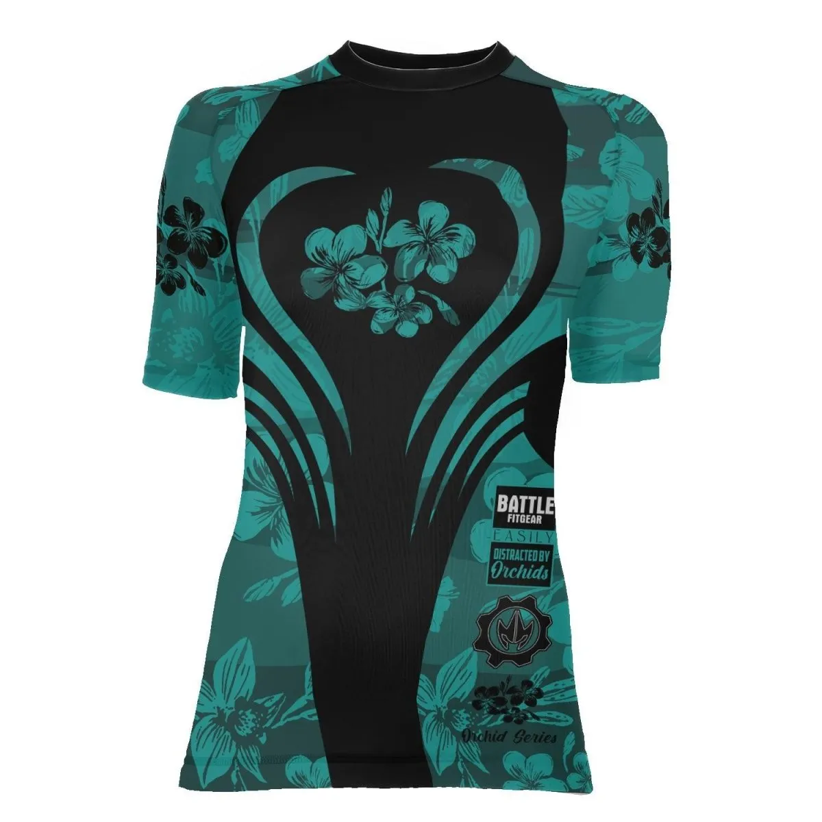 Orchid Series Viking Teal Heart Pattern Women's Short Sleeve Rash Guard