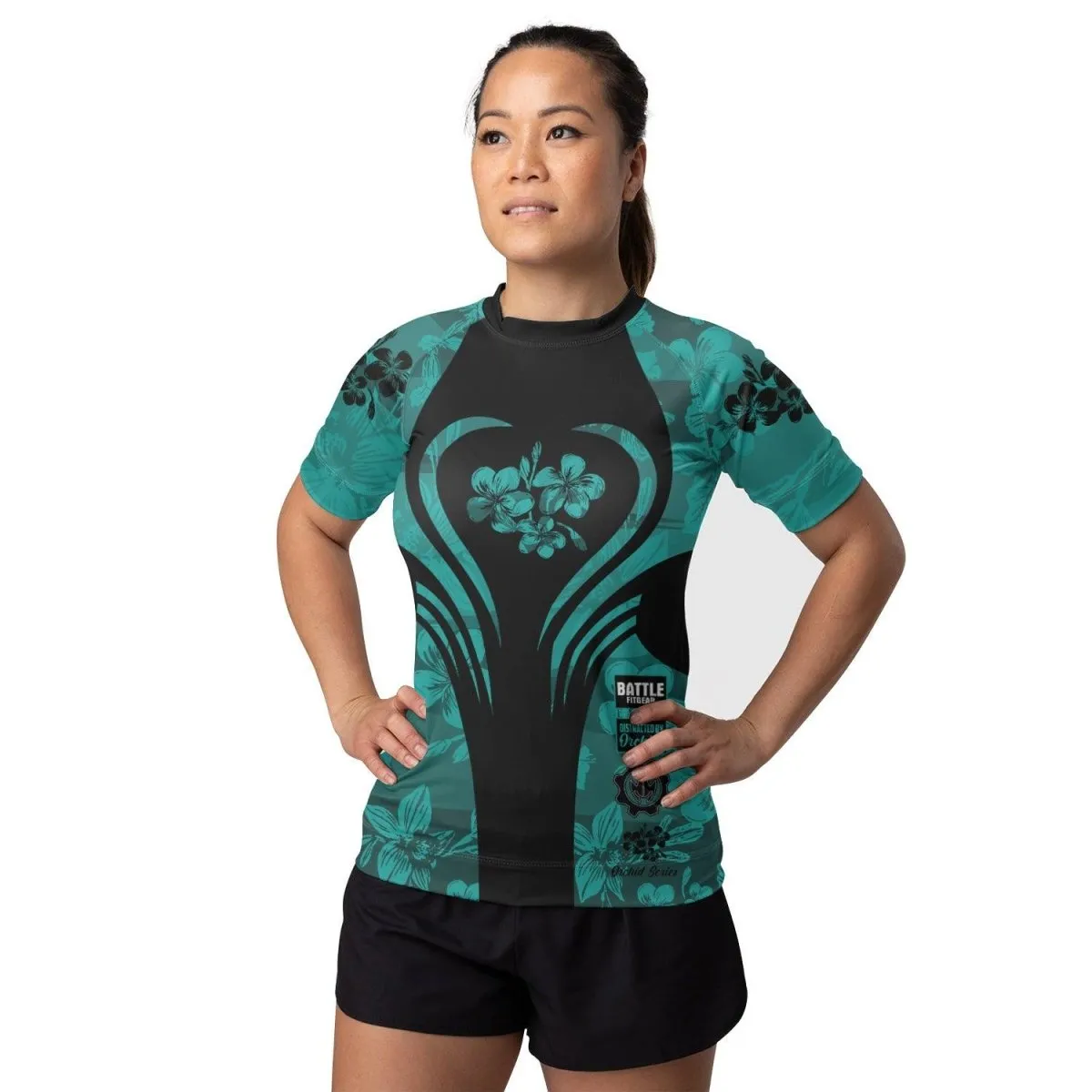Orchid Series Viking Teal Heart Pattern Women's Short Sleeve Rash Guard