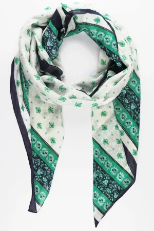 Ornamental Floral Print Bordered Cotton Scarf in Green Blue