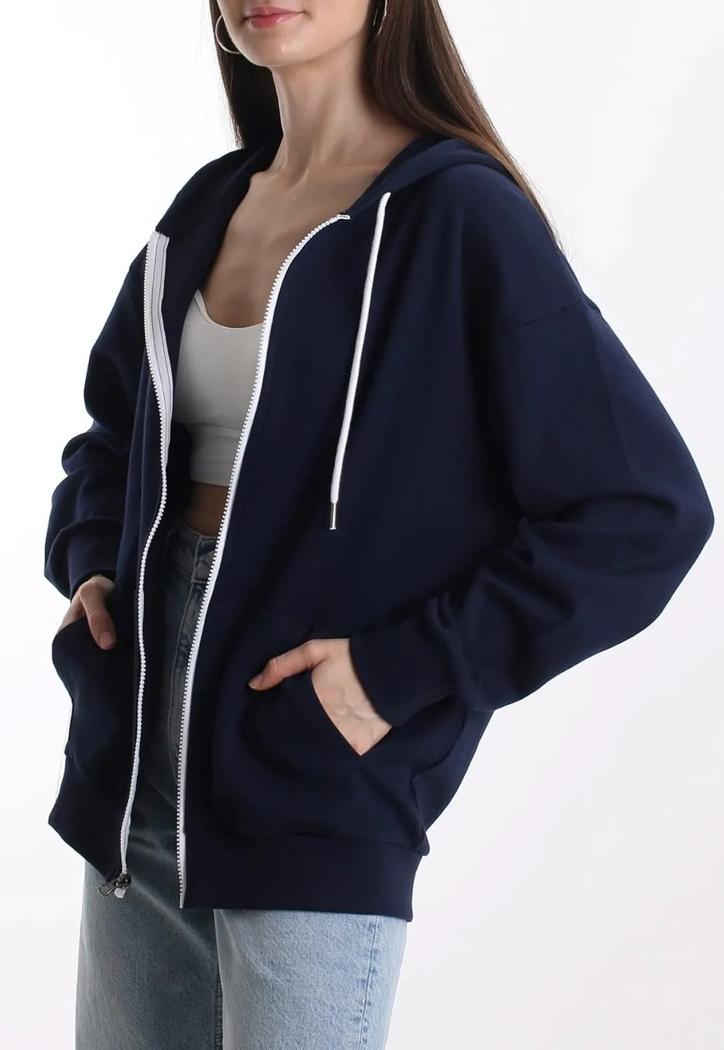 Oversized Women's Casual Full-Zip Hoodie Lightweight Long Sleeve Sweatshirt Casual Jacket with Pocket