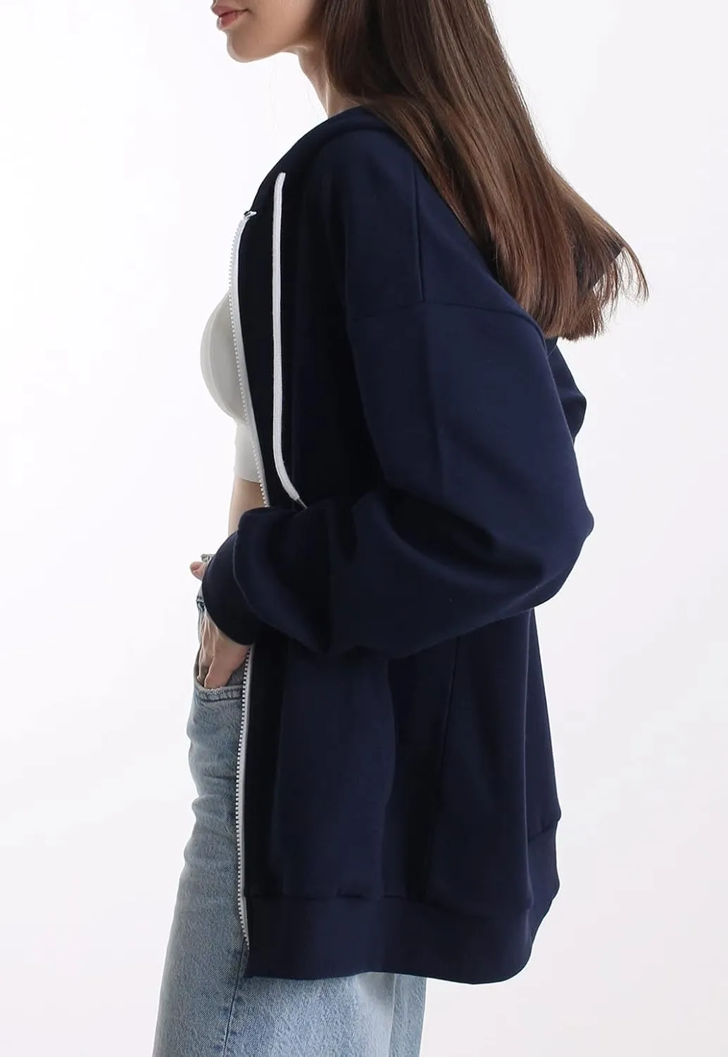Oversized Women's Casual Full-Zip Hoodie Lightweight Long Sleeve Sweatshirt Casual Jacket with Pocket