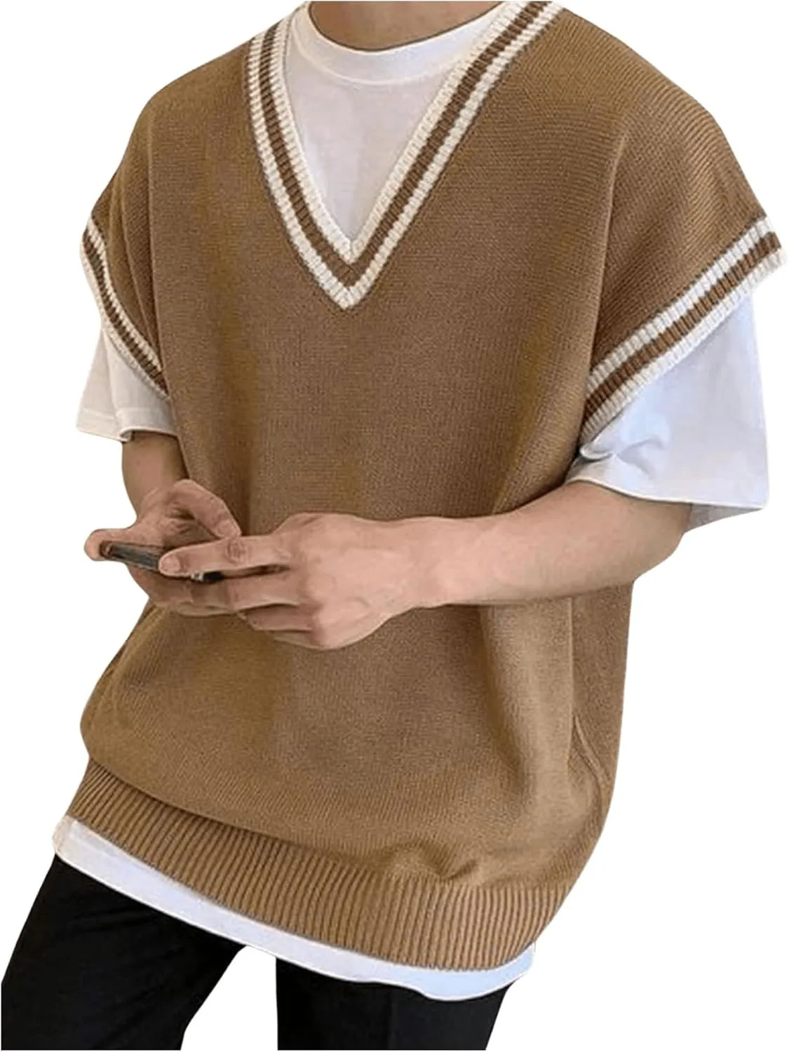 OYOANGLE Men's Big and Tall V Neck Sleeveless Sweater Vests Striped Trim Knitted Casual Preppy Tank Tops