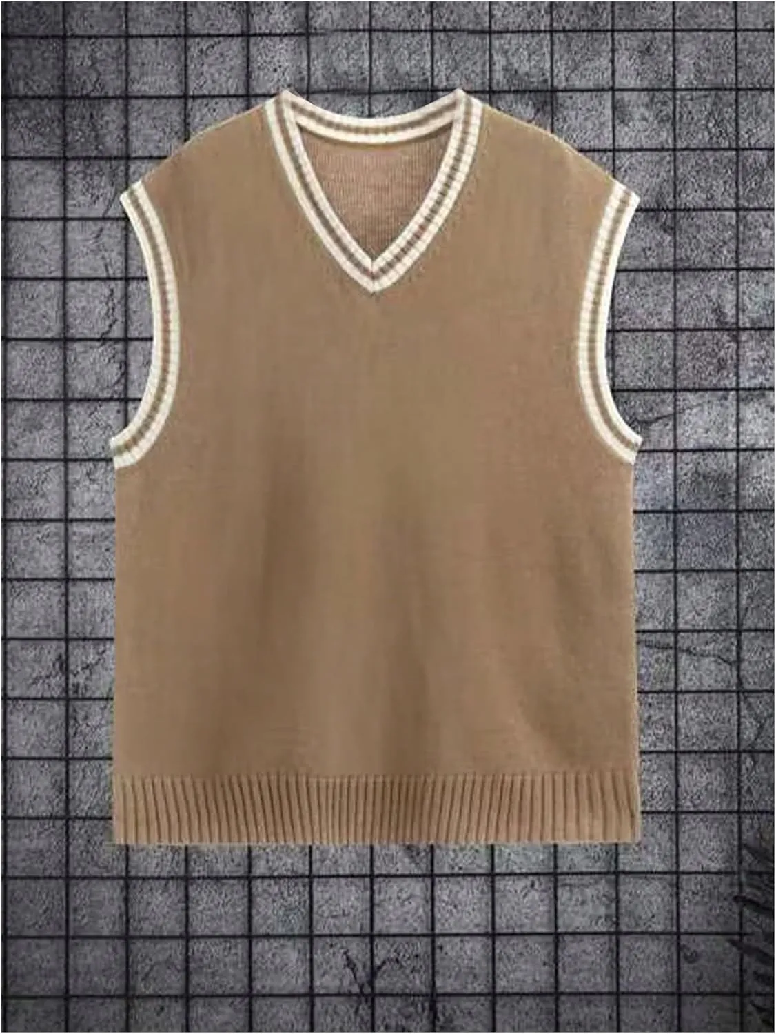 OYOANGLE Men's Big and Tall V Neck Sleeveless Sweater Vests Striped Trim Knitted Casual Preppy Tank Tops