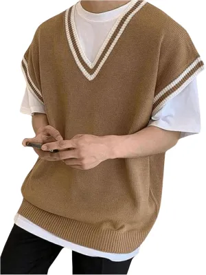 OYOANGLE Men's Big and Tall V Neck Sleeveless Sweater Vests Striped Trim Knitted Casual Preppy Tank Tops