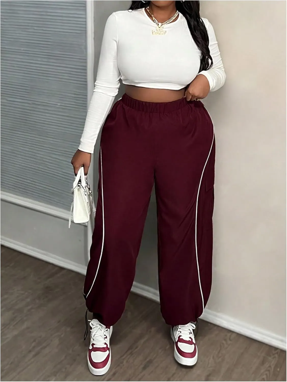 OYOANGLE Women's Plus Size Contrast Binding Cargo Pants Elastic Waist Wide Leg Baggy Parachute Trousers