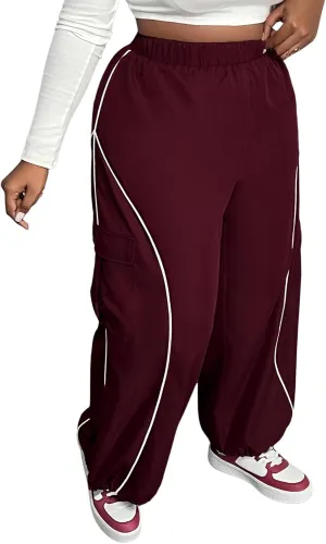 OYOANGLE Women's Plus Size Contrast Binding Cargo Pants Elastic Waist Wide Leg Baggy Parachute Trousers
